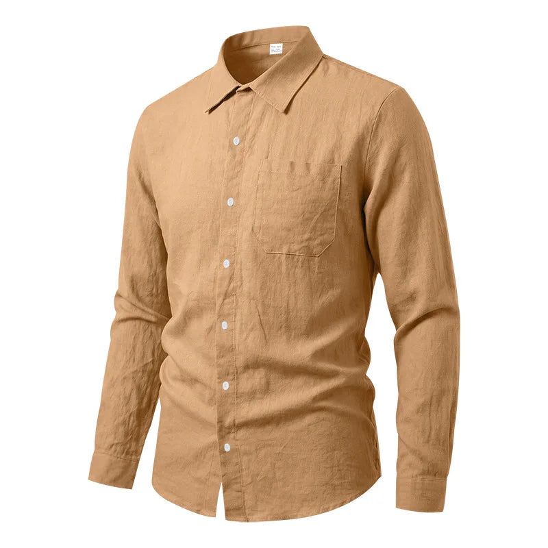 Casual Men's Loose Linen Lapel Pocket Button Casual Vacation Solid Color Long Sleeve Shirt Men's