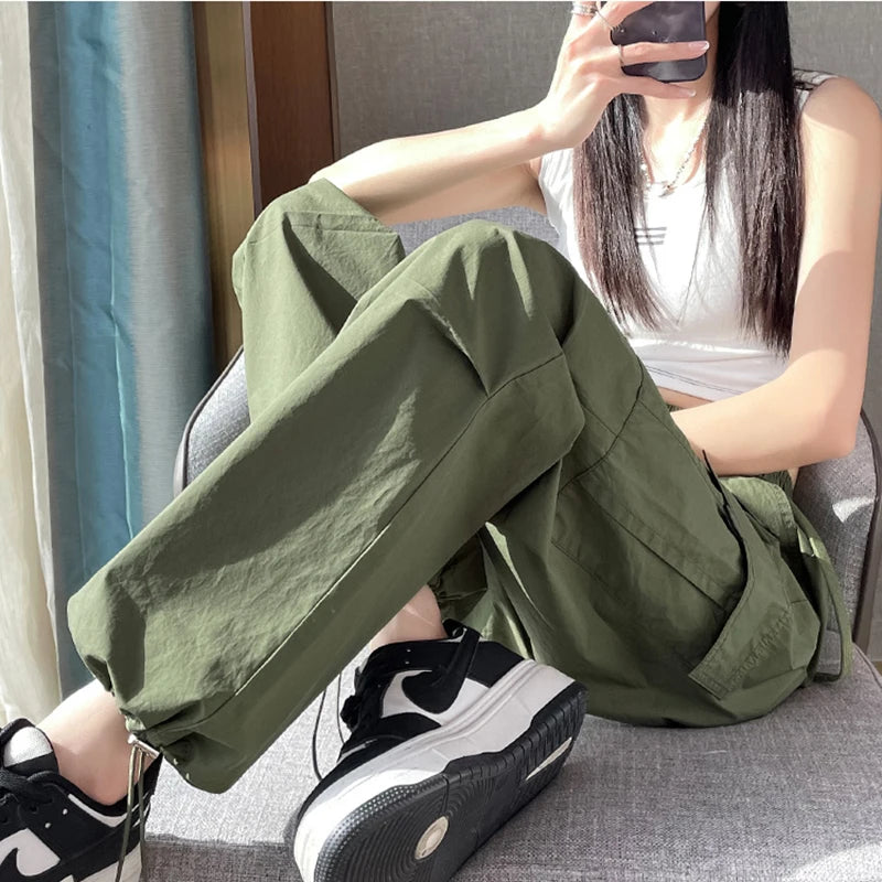 Fashion Women Joggers Pants Casual Female Chic Straight Cargo Pants Elastic High Waist Streetwear Slim Trousers Summer Thin