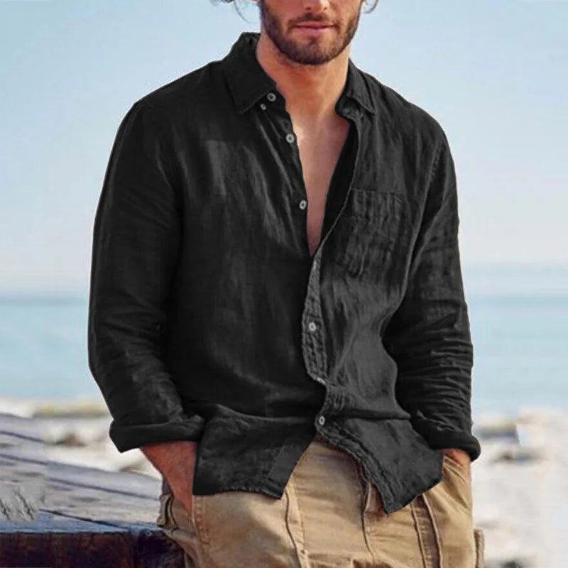 Men's Cotton Poly Linen Long Sleeve Shirt Summer Breathable Button Down Casual Loose Shirt With Chest Pocket Beach Vacation Tops
