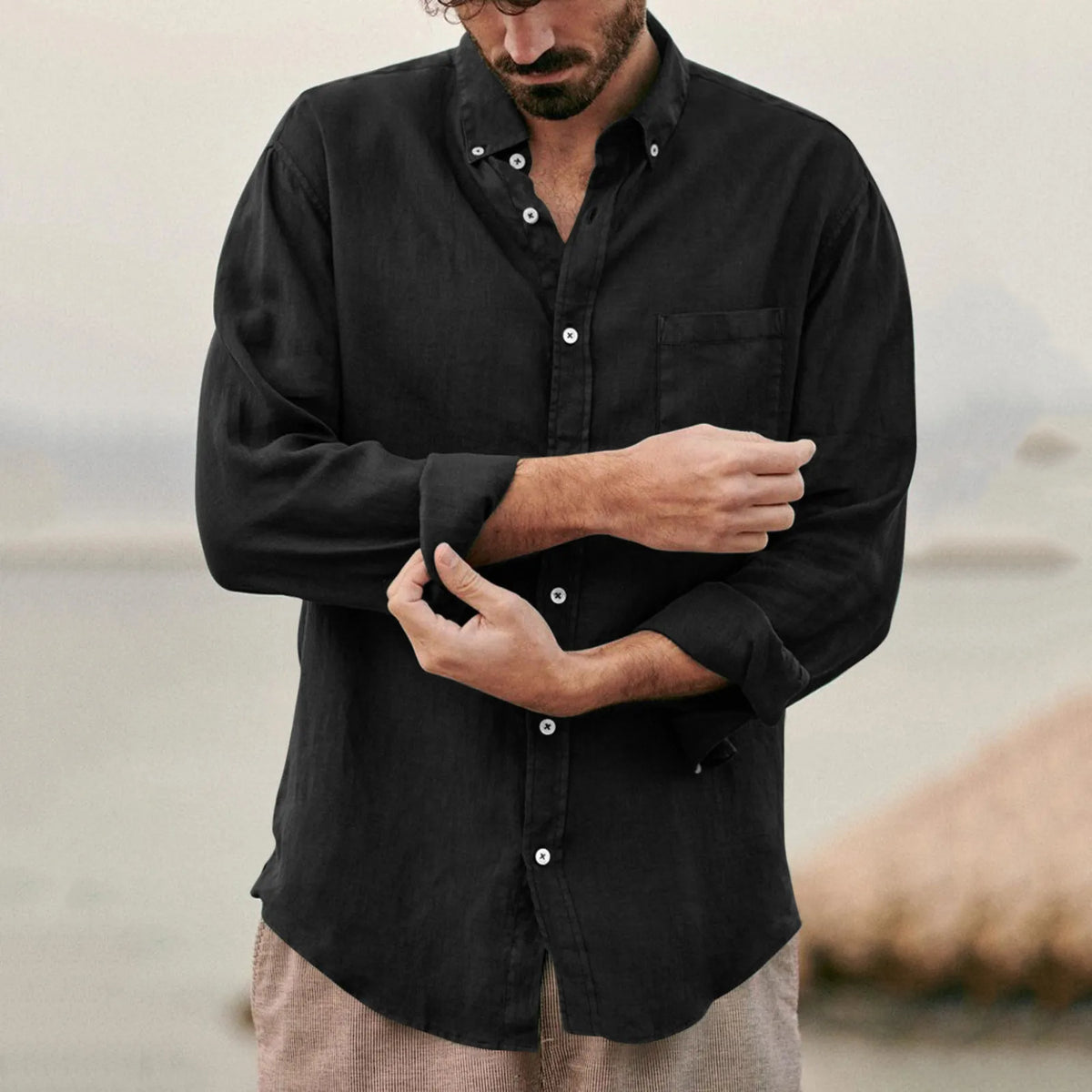 Men's Cotton Poly Linen Long Sleeve Shirt Summer Breathable Button Down Casual Loose Shirt With Chest Pocket Beach Vacation Tops