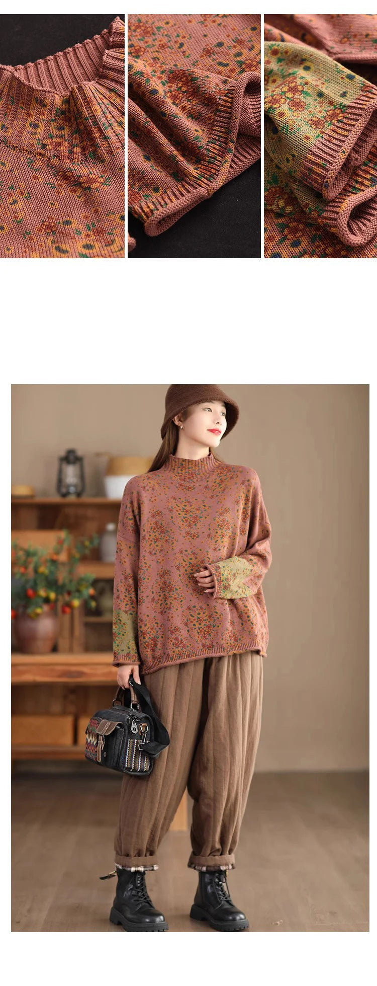 Winter Fall Fashion Vintage Floral Printed Half-turtle Neck Sweater for Women 2025 New Fashion Long Sleeve Loose Casual Knitwear