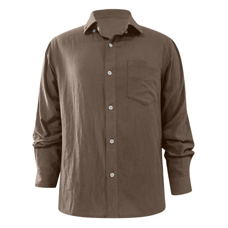 Men's Cotton Poly Linen Long Sleeve Shirt Summer Breathable Button Down Casual Loose Shirt With Chest Pocket Beach Vacation Tops