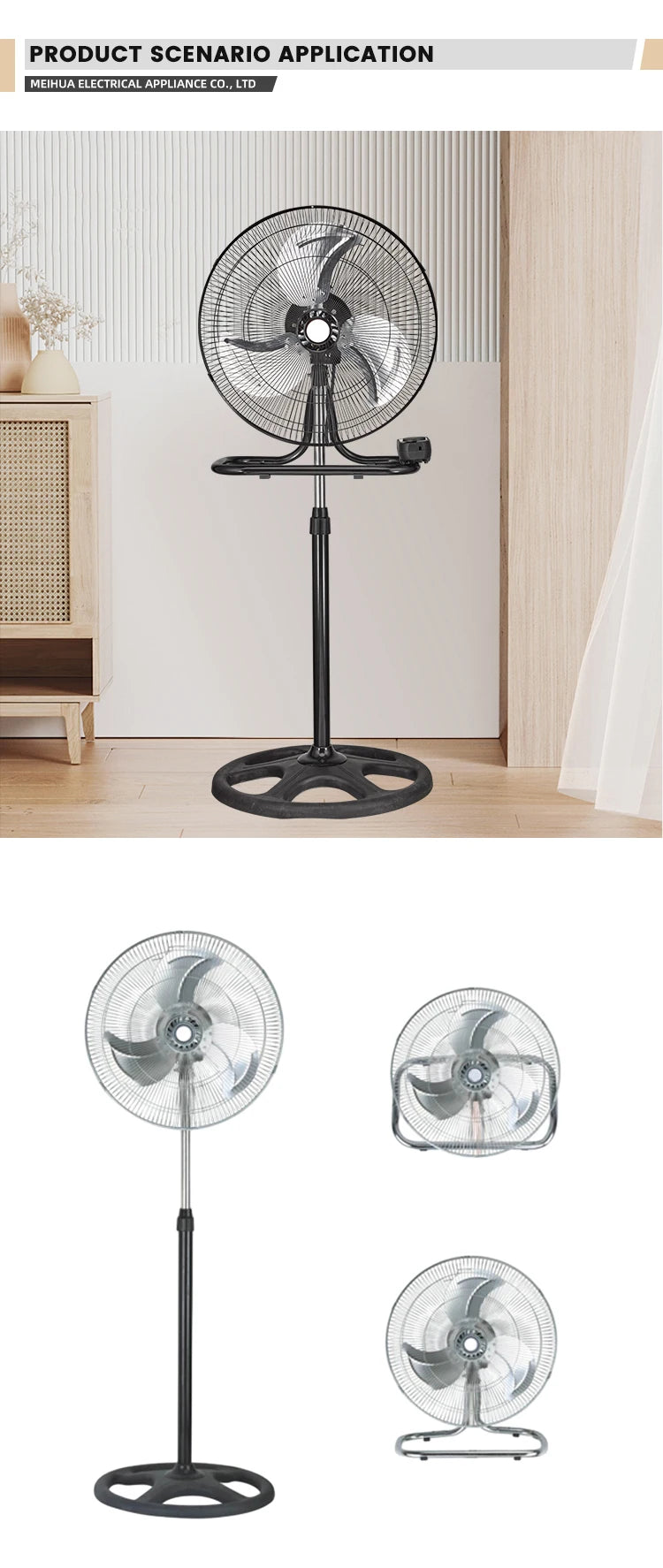 18\" Pedestal Floor & Wall Fan with Aerodynamic Blades 3 Speeds Mechanical Control Electric Power Source Metallic Finish