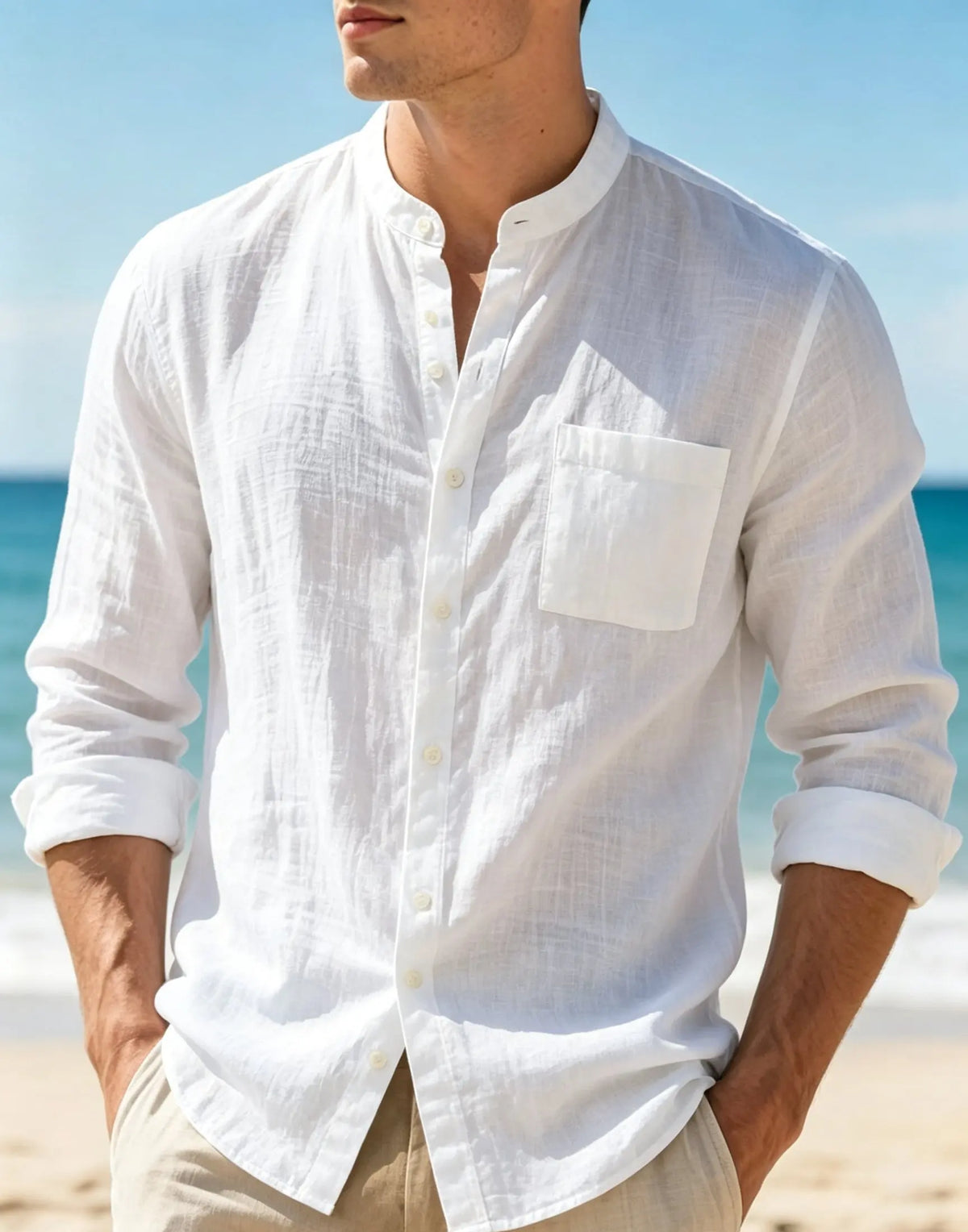 Mens Cotton Linen Stand Collar Long Sleeve Shirt Chest Pocket Button Down Lightweight Casual Beach Blouse