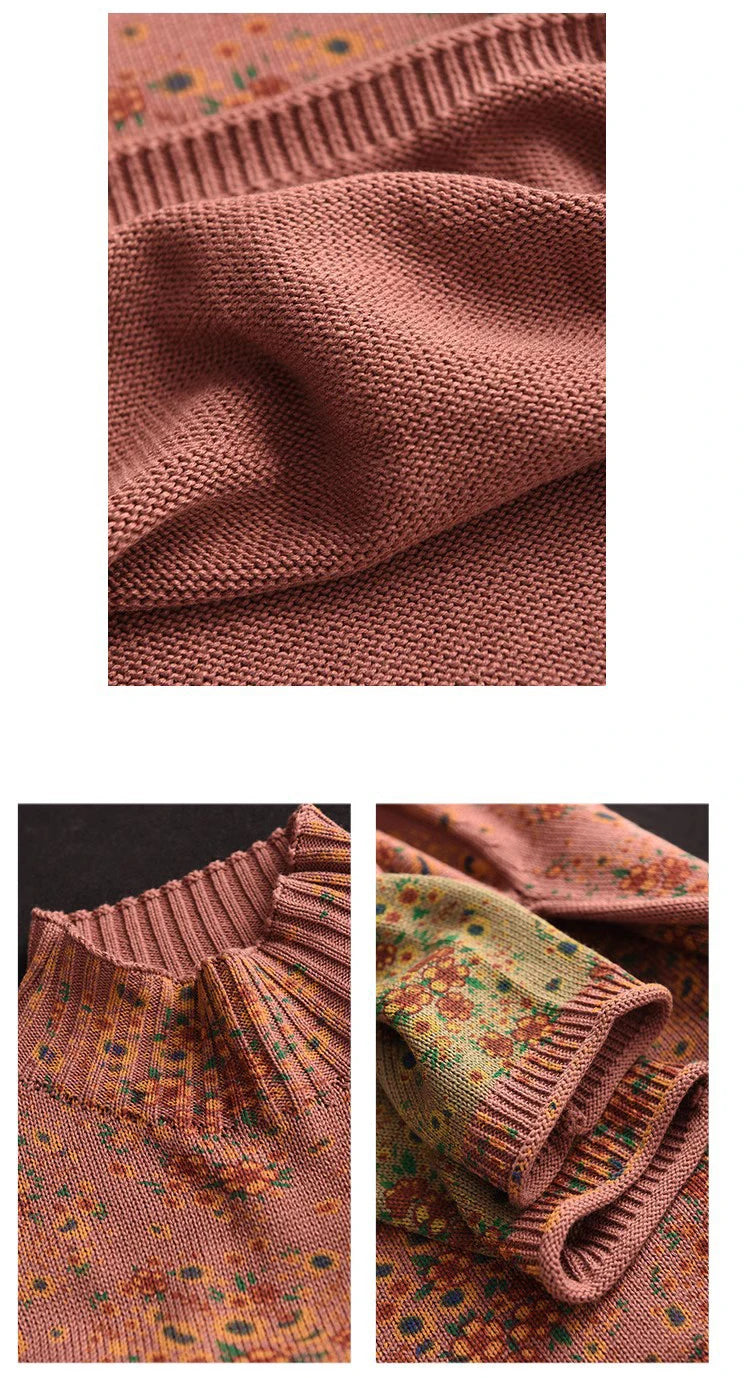 Winter Fall Fashion Vintage Floral Printed Half-turtle Neck Sweater for Women 2025 New Fashion Long Sleeve Loose Casual Knitwear