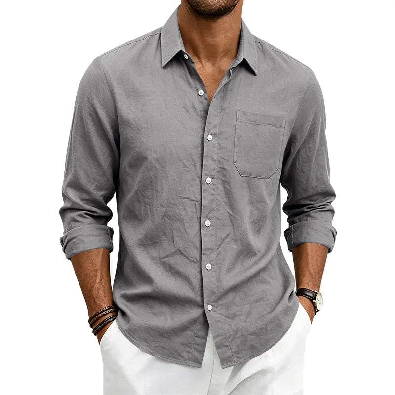 Casual Men's Loose Linen Lapel Pocket Button Casual Vacation Solid Color Long Sleeve Shirt Men's