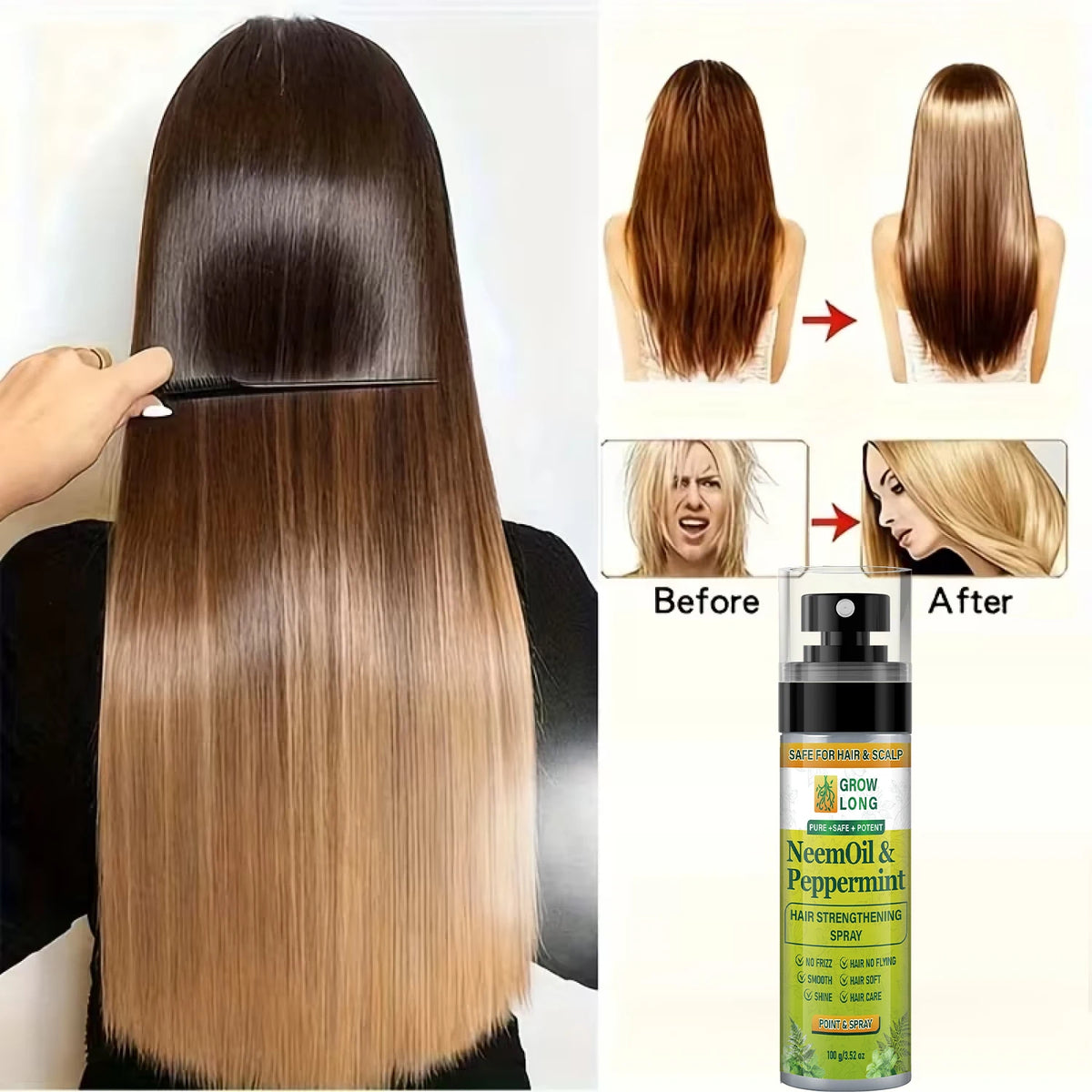 Grow Long Neem Oil & Peppermint Hair Strengthening Spray - Smooth Shine, Safe for Hair & Scalp, Biotin & Keratin Infused