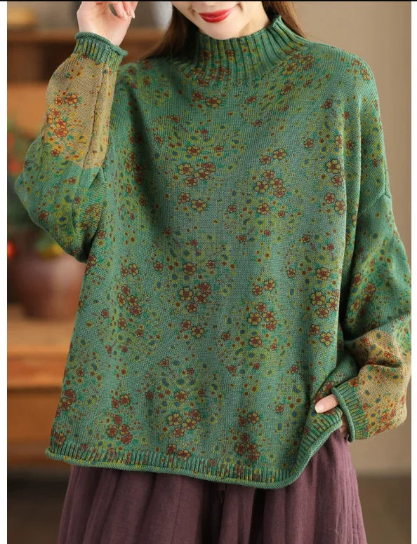 Winter Fall Fashion Vintage Floral Printed Half-turtle Neck Sweater for Women 2025 New Fashion Long Sleeve Loose Casual Knitwear