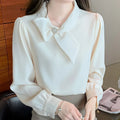 2025 Fashion Long Sleeve O-Neck Women Blouse Solid Bow Chiffon Elegant Blouse Shirt Women Tops Blusas De Mujer Camisas N674
