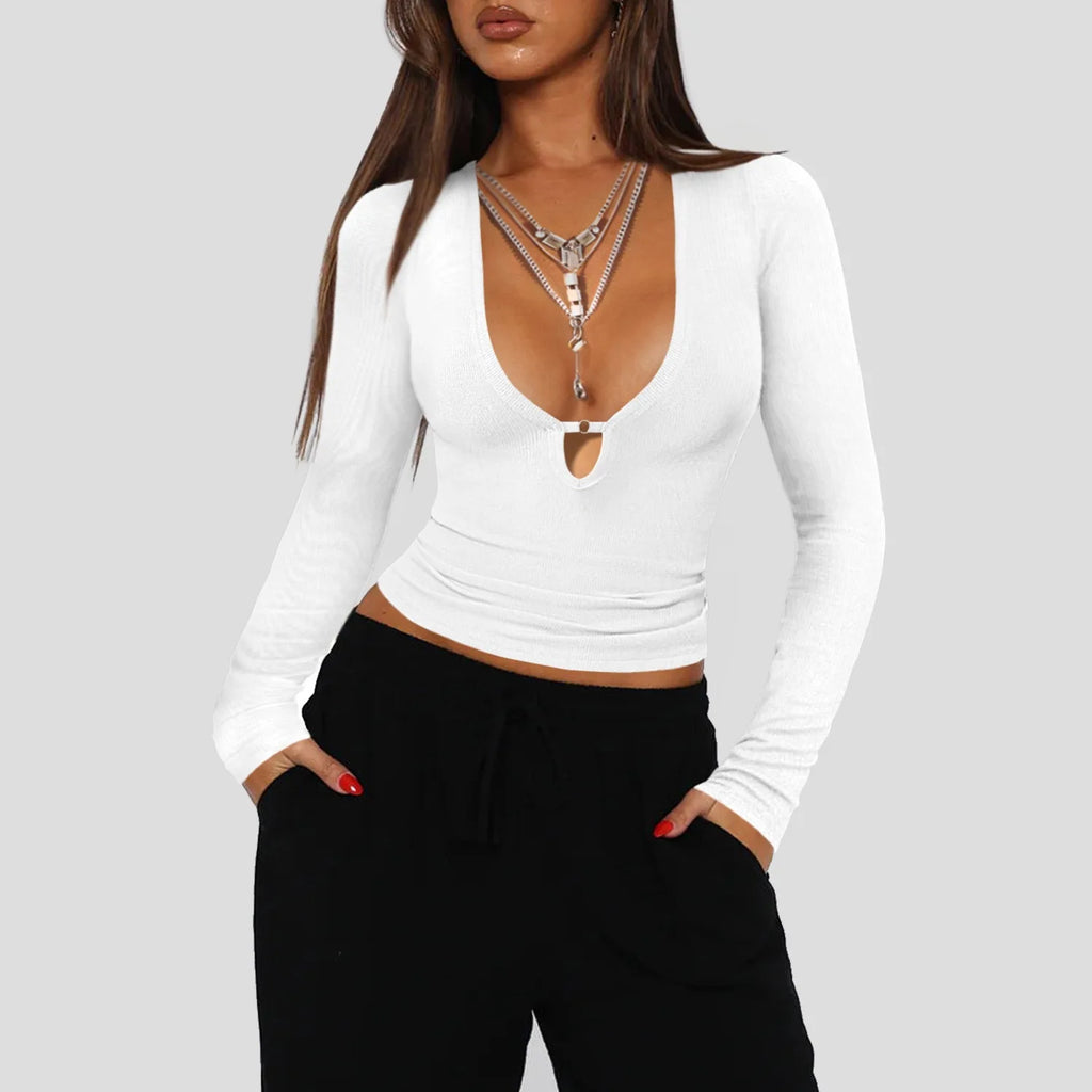 2025 Fall Winter New Fashion Women's Tops T-shirt V-neck Hollow Out Sexy and Fashionable Slim Fit Long Sleeved Y2k Clothing