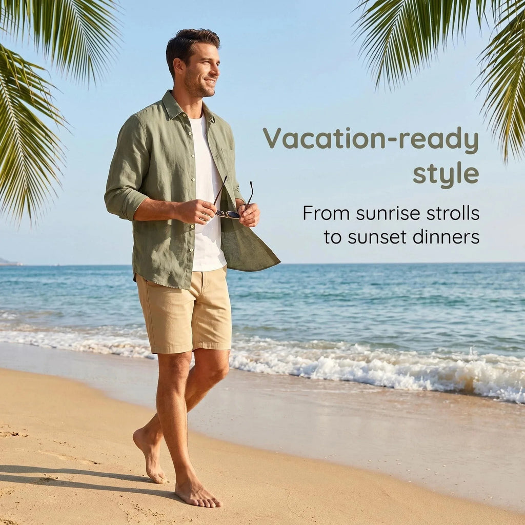 Casual Men's Loose Linen Lapel Pocket Button Casual Vacation Solid Color Long Sleeve Shirt Men's