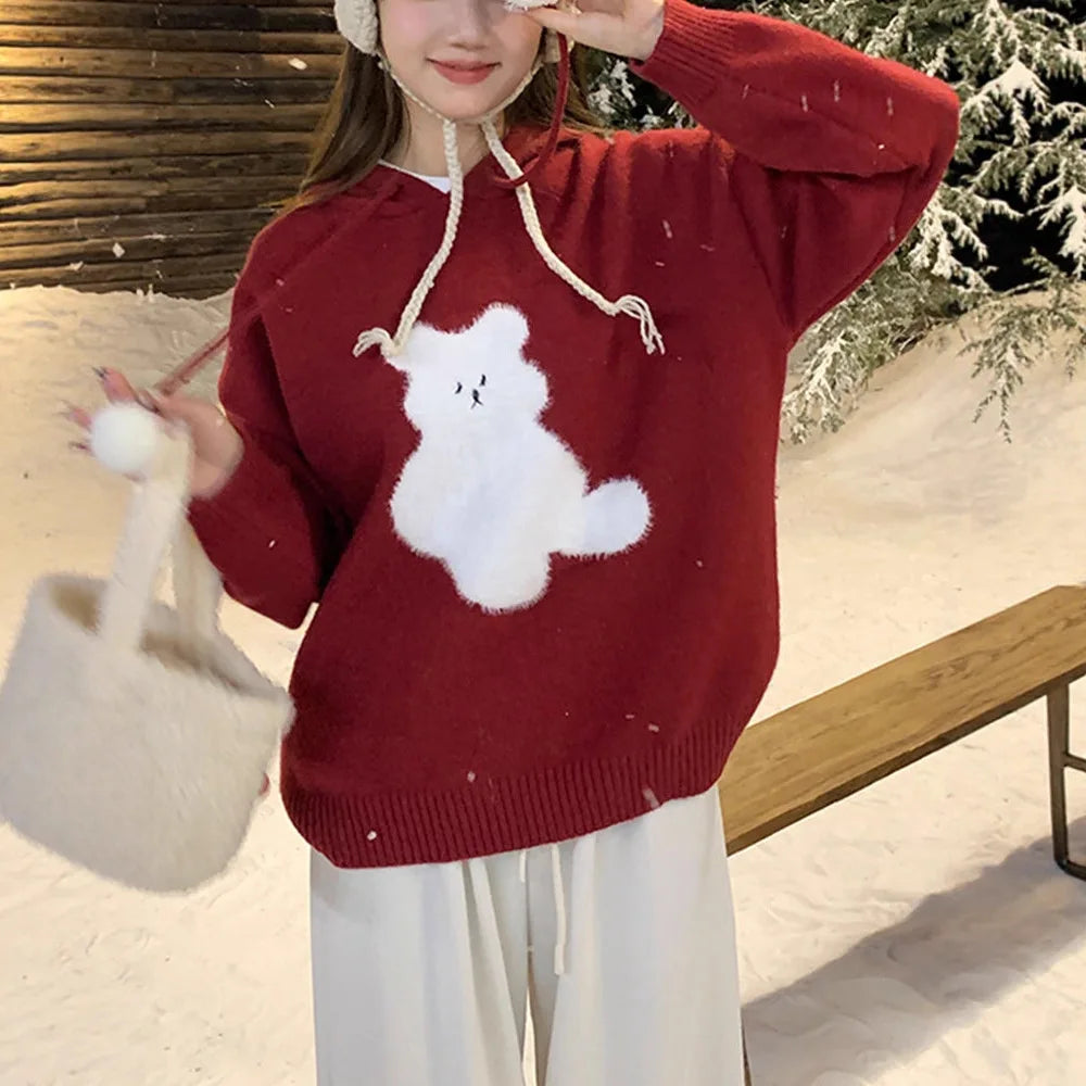 Cartoon Hooded Long Sleeve Sweater 2025 Autumn New Design Loose Top for Women