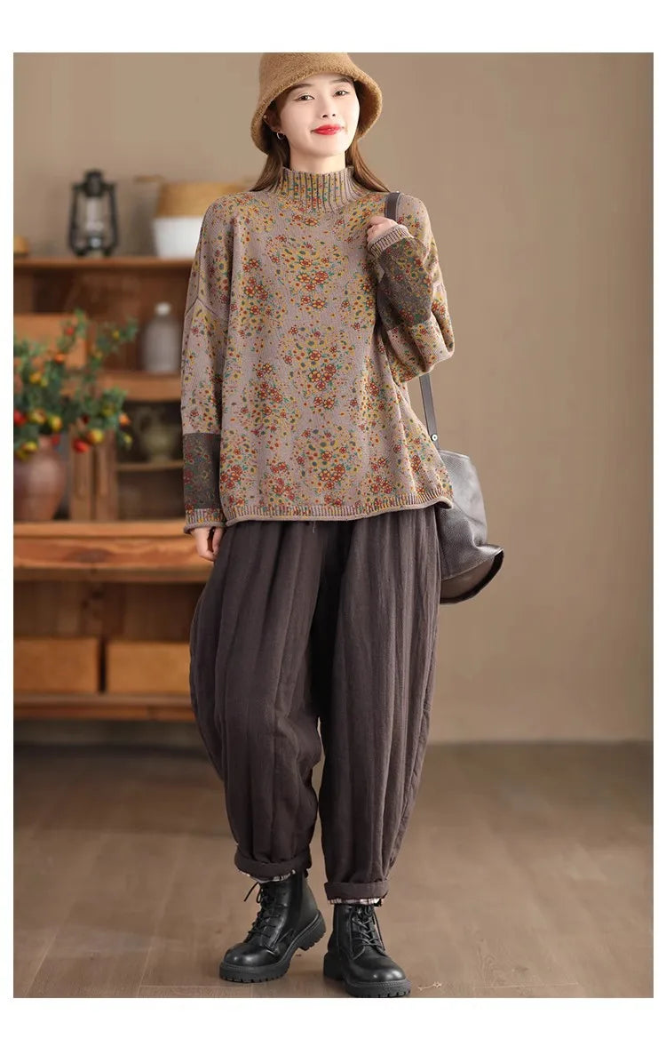 Winter Fall Fashion Vintage Floral Printed Half-turtle Neck Sweater for Women 2025 New Fashion Long Sleeve Loose Casual Knitwear