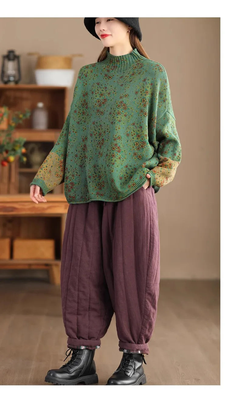 Winter Fall Fashion Vintage Floral Printed Half-turtle Neck Sweater for Women 2025 New Fashion Long Sleeve Loose Casual Knitwear