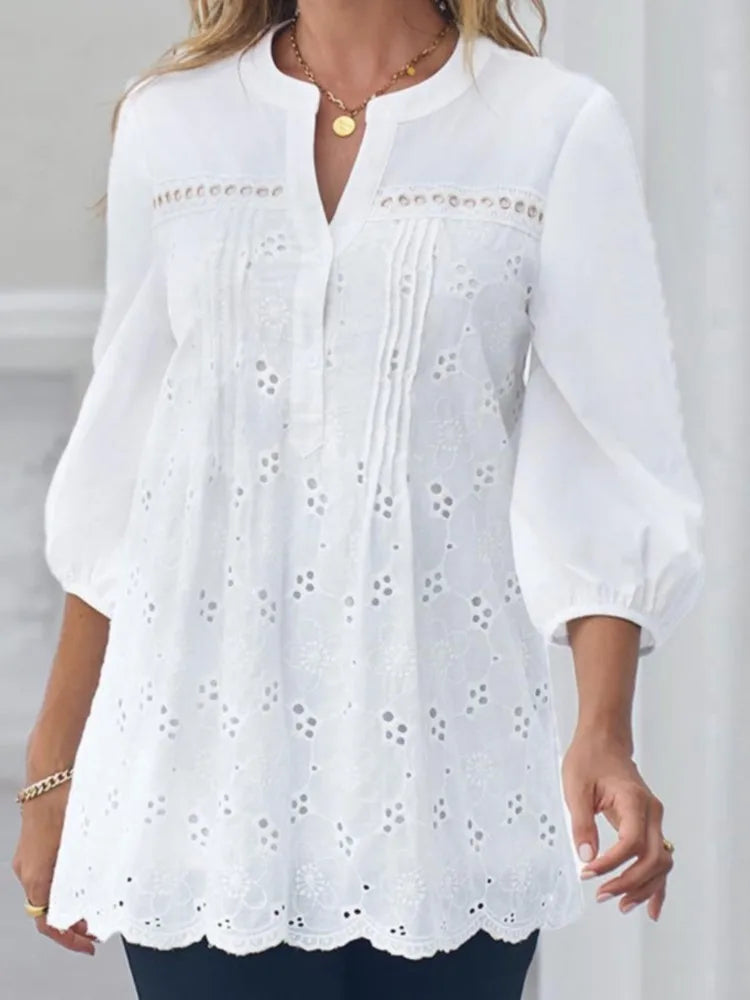 Women's Fashion Shirt Top White Lace Hollow Out V-Neck Pullover Casual Loose Shirt Tops Summer Elegant Office Womens Clothing
