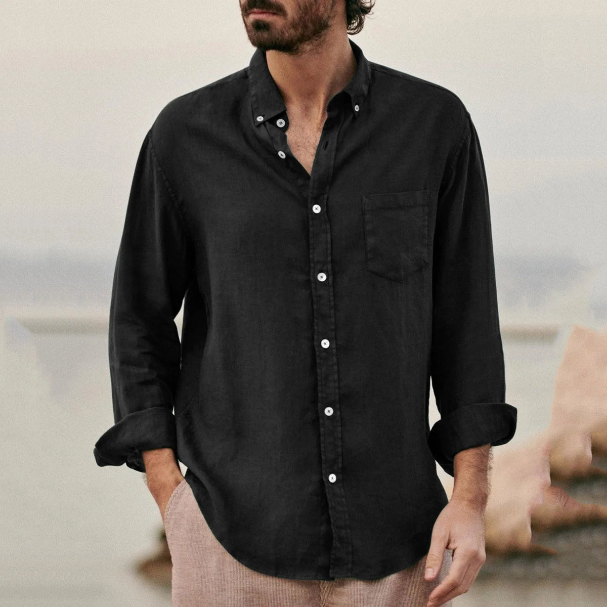 Men's Cotton Poly Linen Long Sleeve Shirt Summer Breathable Button Down Casual Loose Shirt With Chest Pocket Beach Vacation Tops