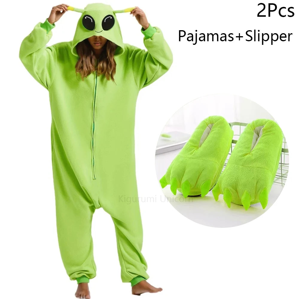 Unisex Alien Onesie Cosplay Pajamas Halloween Costume Winter Adults Kigurumi Unicorn Animal Sleepwear Green Flannel Nightwear