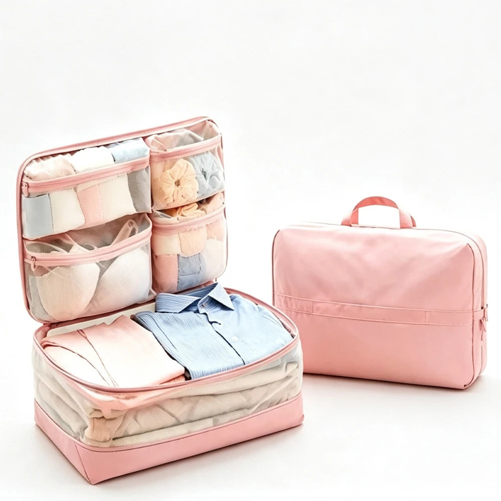 Compression Packing Cubes 5-in-1 Travel Luggage Organizer Bag Portable Multi Compartment Clothes Storage Suitcase Accessories