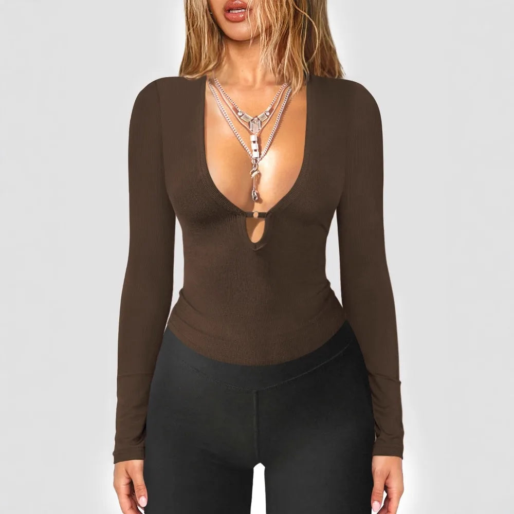 2025 Fall Winter New Fashion Women's Tops T-shirt V-neck Hollow Out Sexy and Fashionable Slim Fit Long Sleeved Y2k Clothing