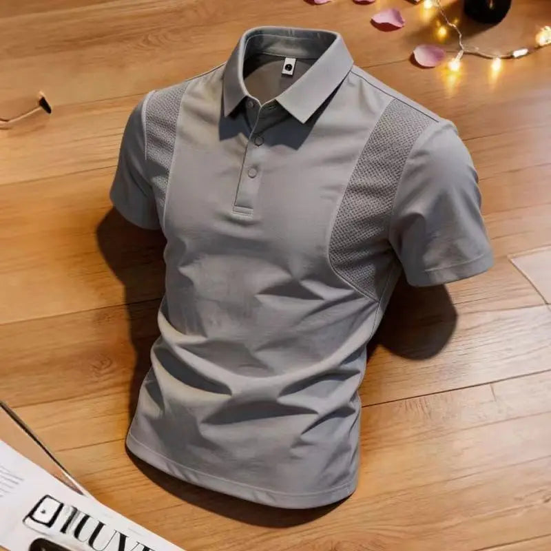 Men's Polo Shirt Short Sleeves Casual Patchwork Mesh Breathable Lightweight Button T-shirt Thin Solid Business Sporty T Shirt
