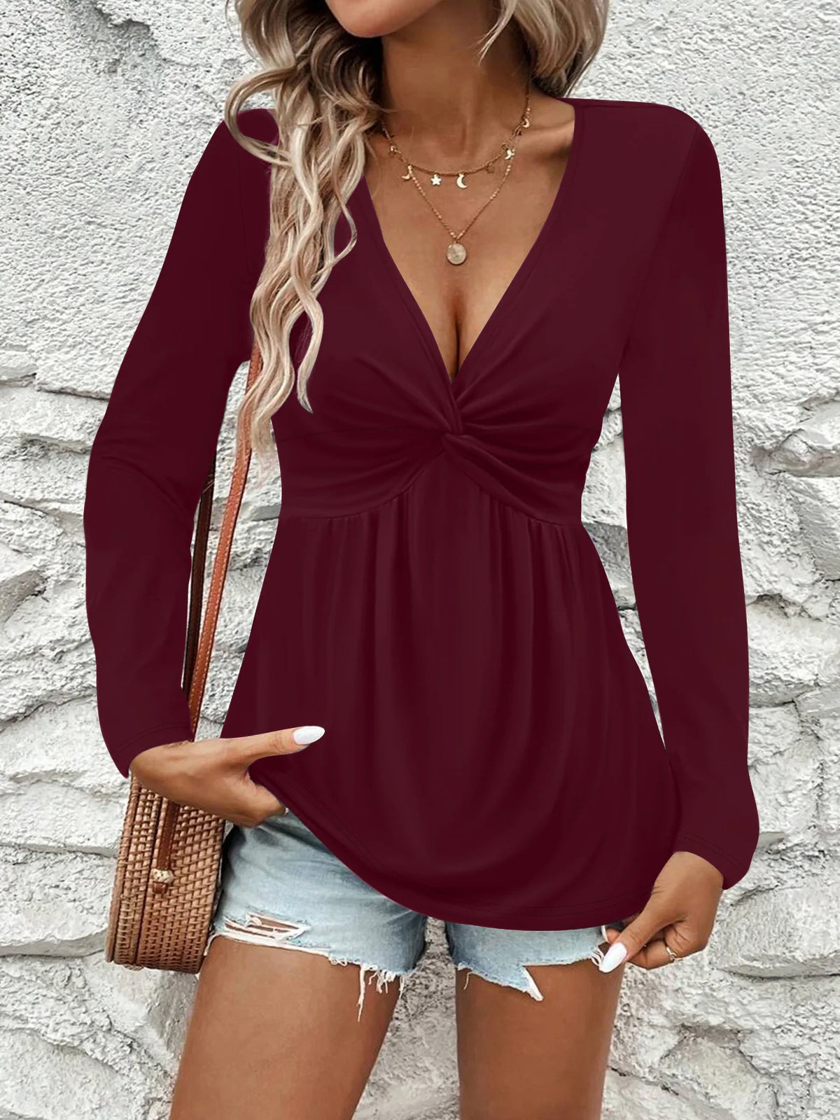 2025 New Women'S Long Sleeve T Shirts Fall Casual Tops Trendy Kink Solid Colors Blouses Autumn Pullover Clothes Camiseta Mujer