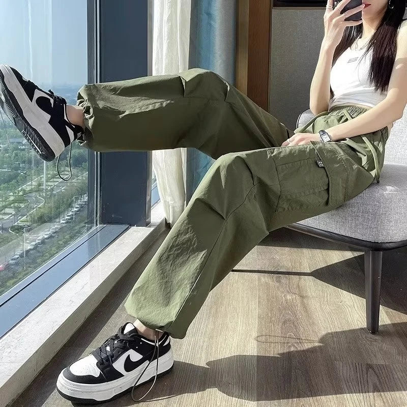 Fashion Women Joggers Pants Casual Female Chic Straight Cargo Pants Elastic High Waist Streetwear Slim Trousers Summer Thin