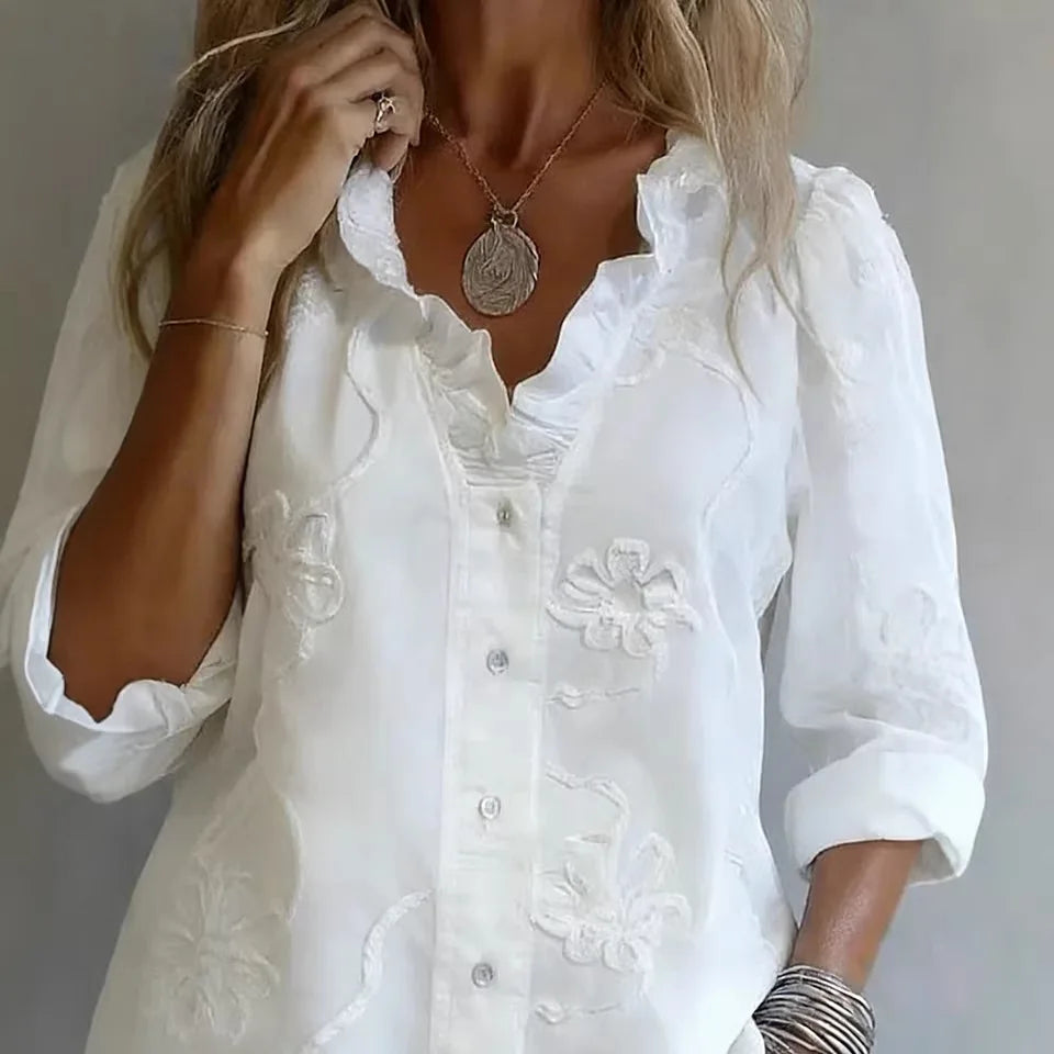 New Women Shirt Tops Button Up White Autumn Fashion V Neck Long Sleeve Casual Shirts Womens Clothing women's blouses and shirts