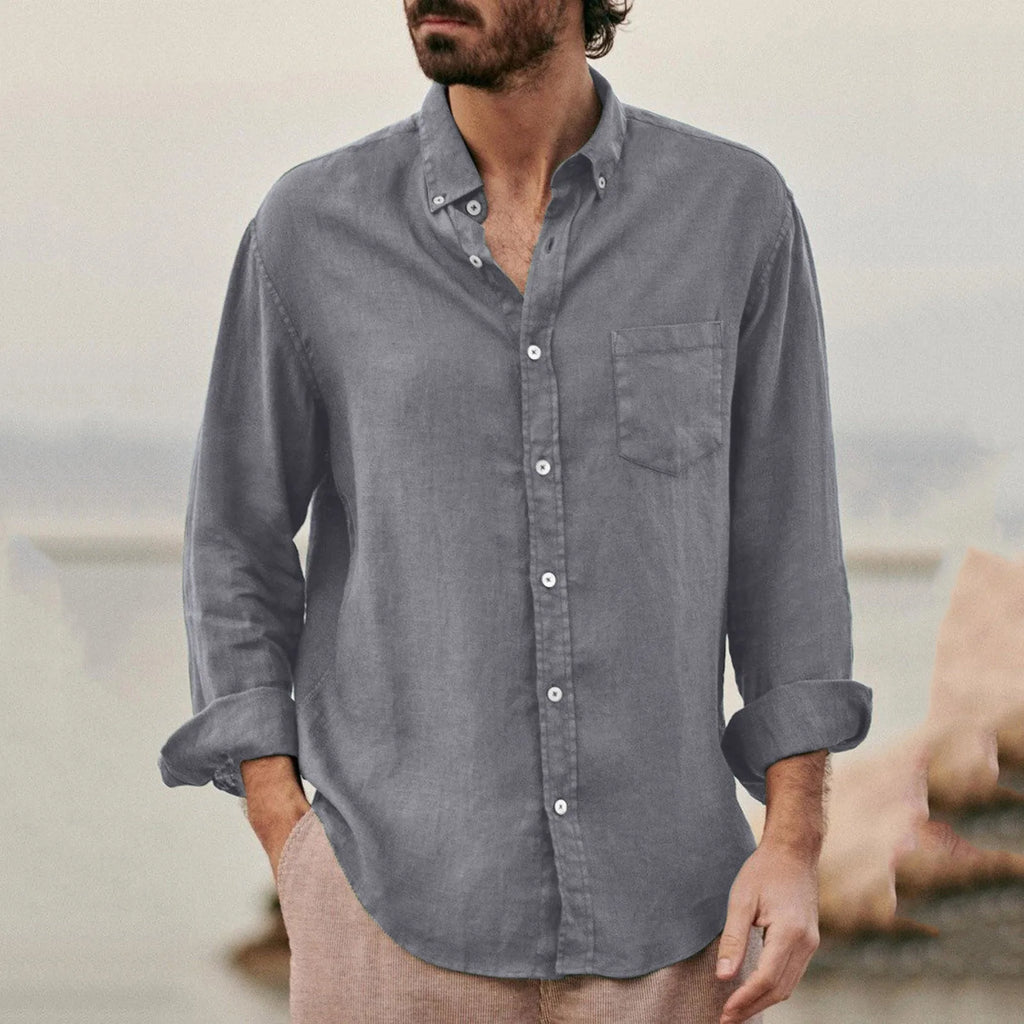 Men's Cotton Poly Linen Long Sleeve Shirt Summer Breathable Button Down Casual Loose Shirt With Chest Pocket Beach Vacation Tops