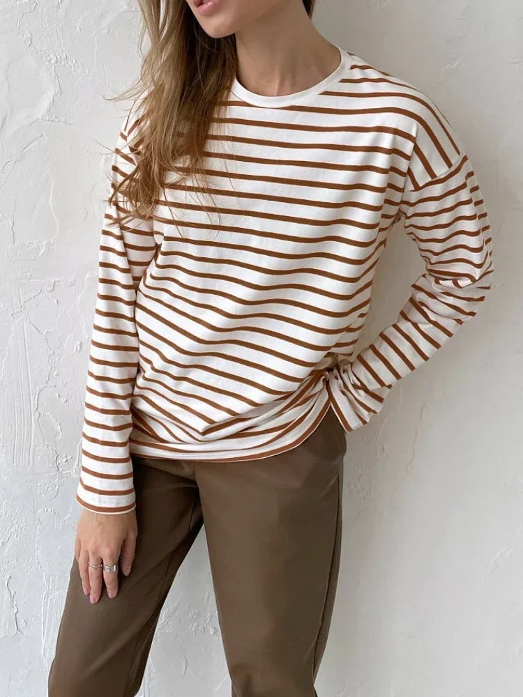 Wolfeel 2025 Summer Long Sleeve Striped T-Shirts Women Basic Casual Tops Female Cozy Loose Cotton Tees Harajuku T Shirt New