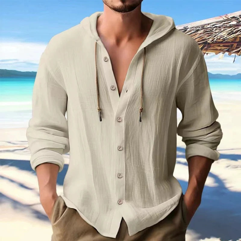 Men's Solid Linen Long Sleeve Hooded Shirt Casual Streetwear Button Top Loose Fit Cardigan Clothing for Men