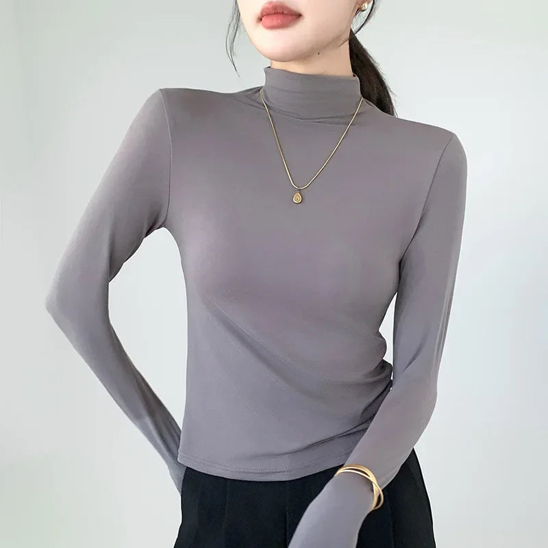 Turtleneck Elastic T-shirts for Women Y2k Clothes Long Sleeve White Tops Autumn Winter Casual Solid Color Slim Women T-shirt New