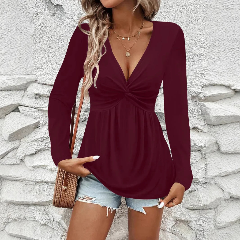 2025 New Women'S Long Sleeve T Shirts Fall Casual Tops Trendy Kink Solid Colors Blouses Autumn Pullover Clothes Camiseta Mujer