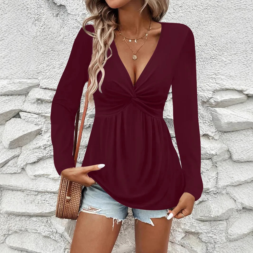 2025 New Women'S Long Sleeve T Shirts Fall Casual Tops Trendy Kink Solid Colors Blouses Autumn Pullover Clothes Camiseta Mujer