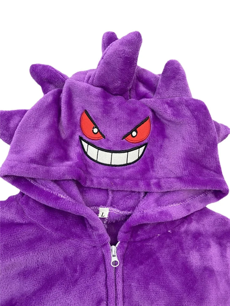 Purple Dragon Gengar Kigurumi Onesies Kids Cosplay Costume Halloween Birthday Gift Anime Zipper Flannel Pajamas