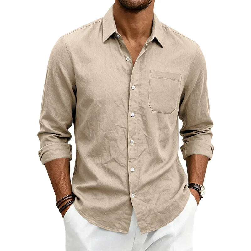 Casual Men's Loose Linen Lapel Pocket Button Casual Vacation Solid Color Long Sleeve Shirt Men's