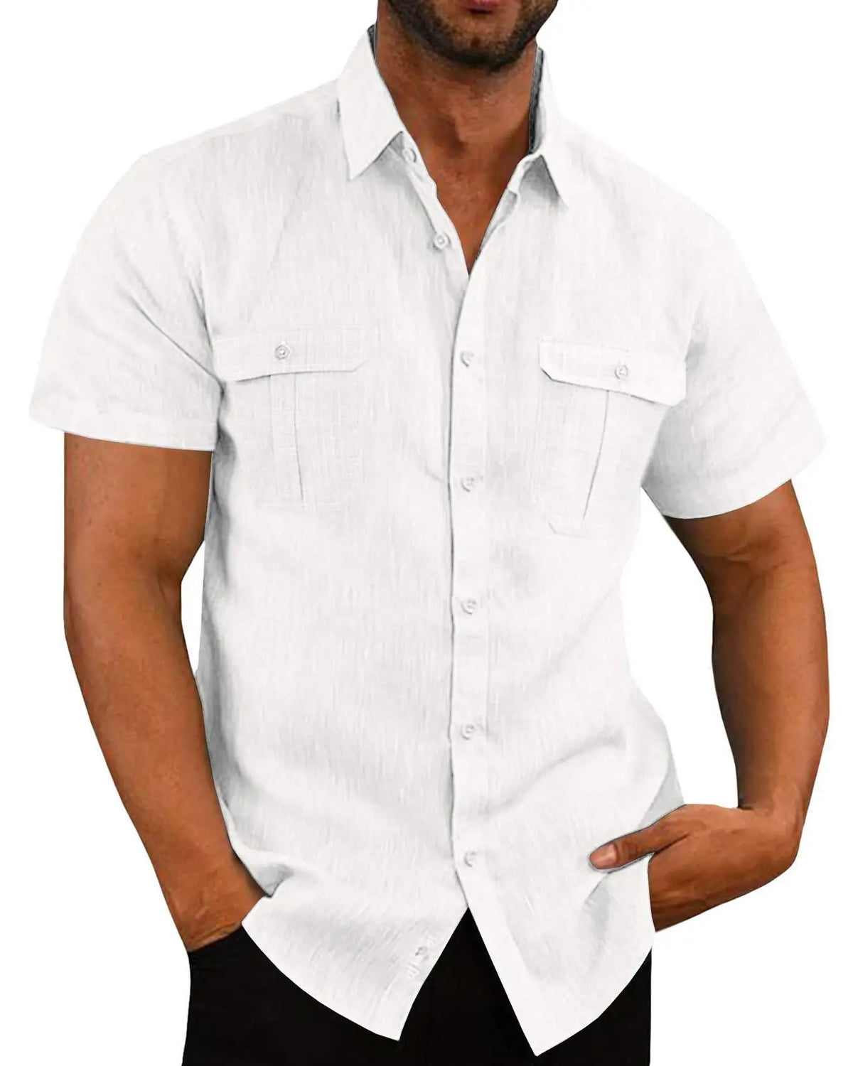 Men's Short Sleeve Linen Shirt - Casual Summer Style with Dual Pockets and Button-Down Front
