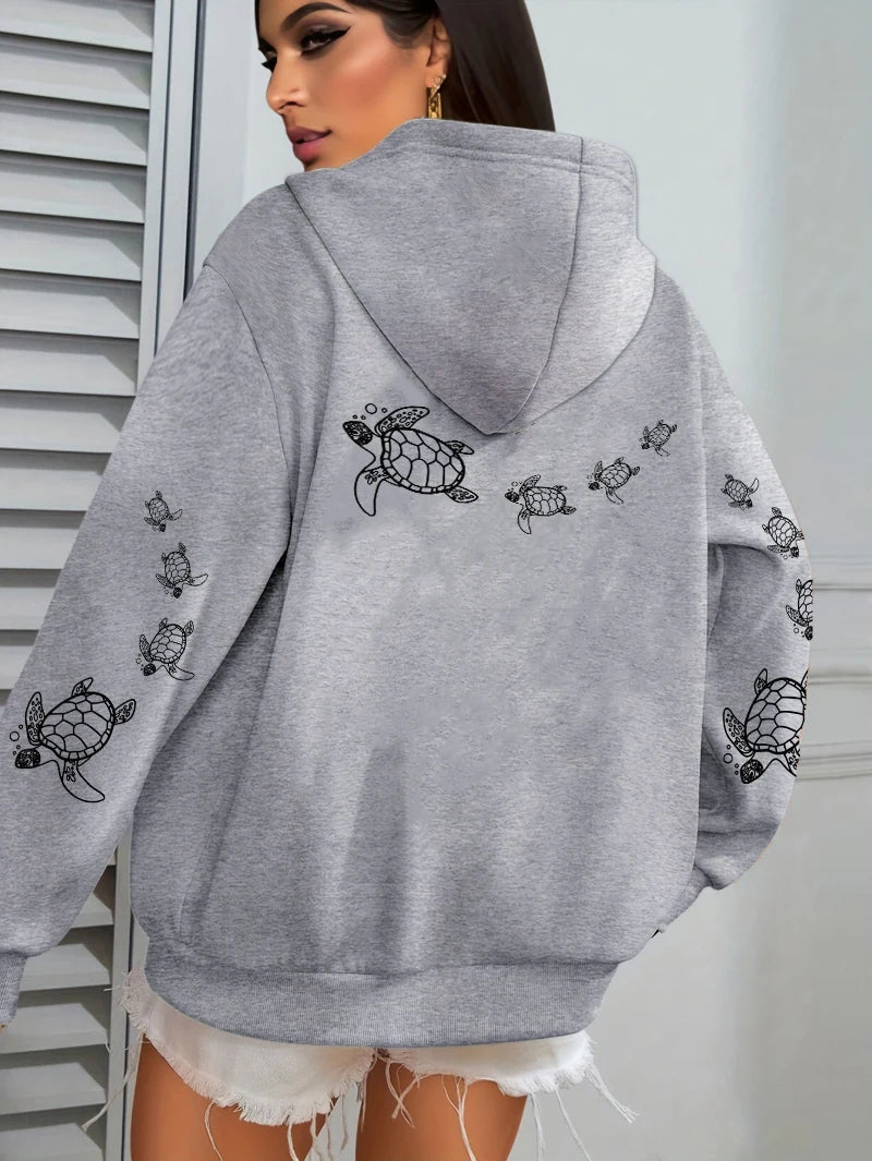 Creative Turtle Swimming Prints Women Clothing Hoodie Warm Sport Tops All-Match Comfortable Sportswears Soft Trendy Clothes