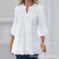 Women's Fashion Shirt Top White Lace Hollow Out V-Neck Pullover Casual Loose Shirt Tops Summer Elegant Office Womens Clothing
