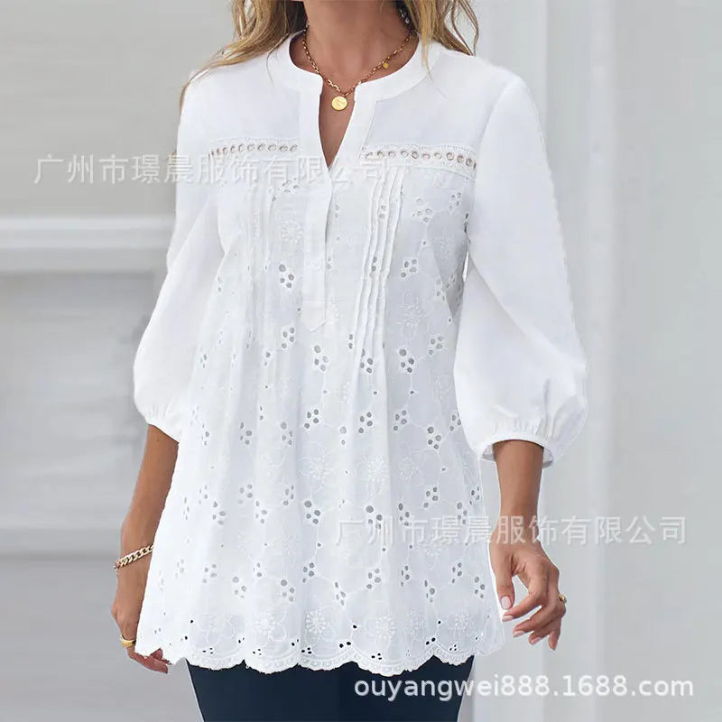 Women's Fashion Shirt Top White Lace Hollow Out V-Neck Pullover Casual Loose Shirt Tops Summer Elegant Office Womens Clothing