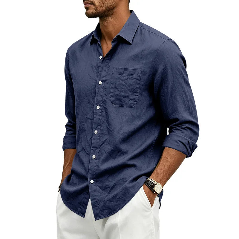 Casual Men's Loose Linen Lapel Pocket Button Casual Vacation Solid Color Long Sleeve Shirt Men's