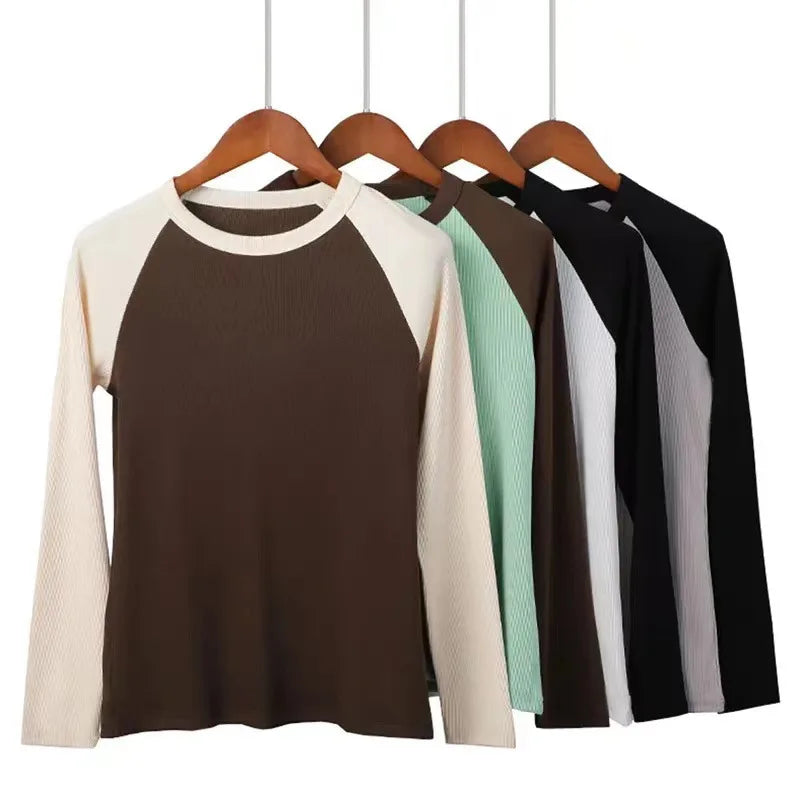Long Sleeve T-shirt Womens Y2k Clothes Autumn Winter Harajuku Casual Tops Solid Color Stitching Elegant T-shirts for Women 2025