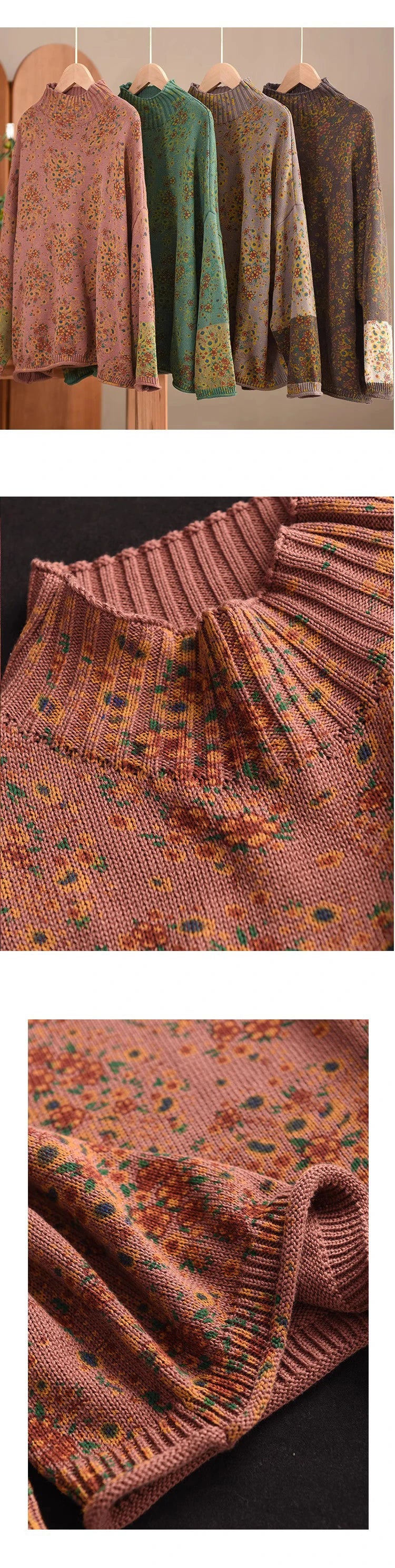 Winter Fall Fashion Vintage Floral Printed Half-turtle Neck Sweater for Women 2025 New Fashion Long Sleeve Loose Casual Knitwear