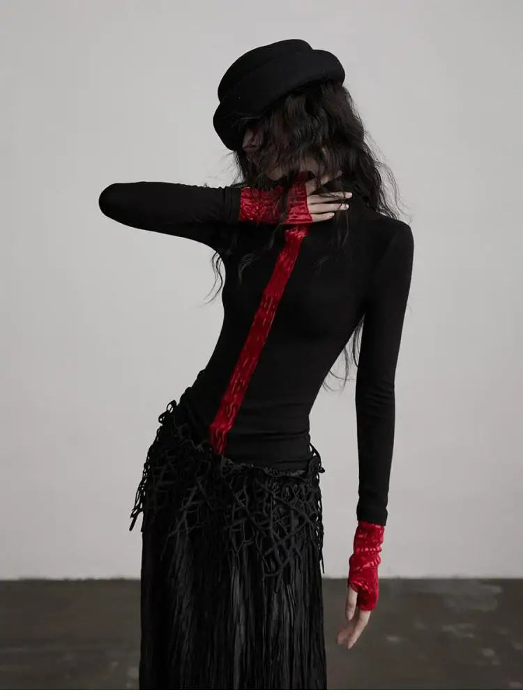 Seeslim Patchwork Turtleneck Women's T-shirt Goth 2000s Clothes Y2k Long Sleeve Autumn Winter Tops Tees Female Clothing Gothic