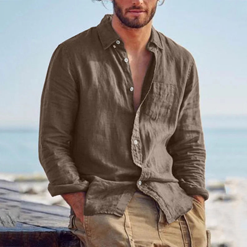 Men's Cotton Poly Linen Long Sleeve Shirt Summer Breathable Button Down Casual Loose Shirt With Chest Pocket Beach Vacation Tops