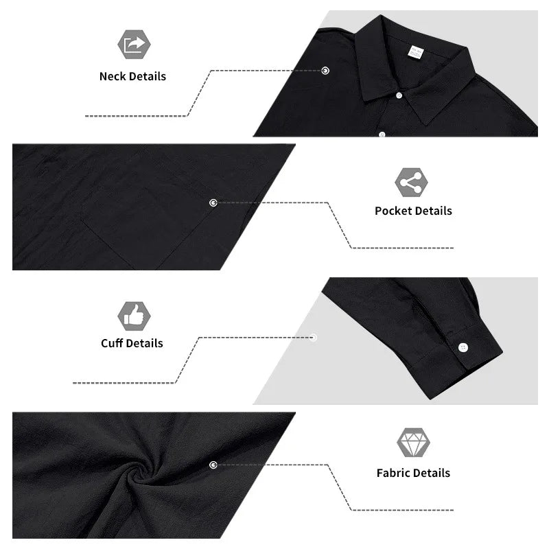 Casual Men's Loose Linen Lapel Pocket Button Casual Vacation Solid Color Long Sleeve Shirt Men's