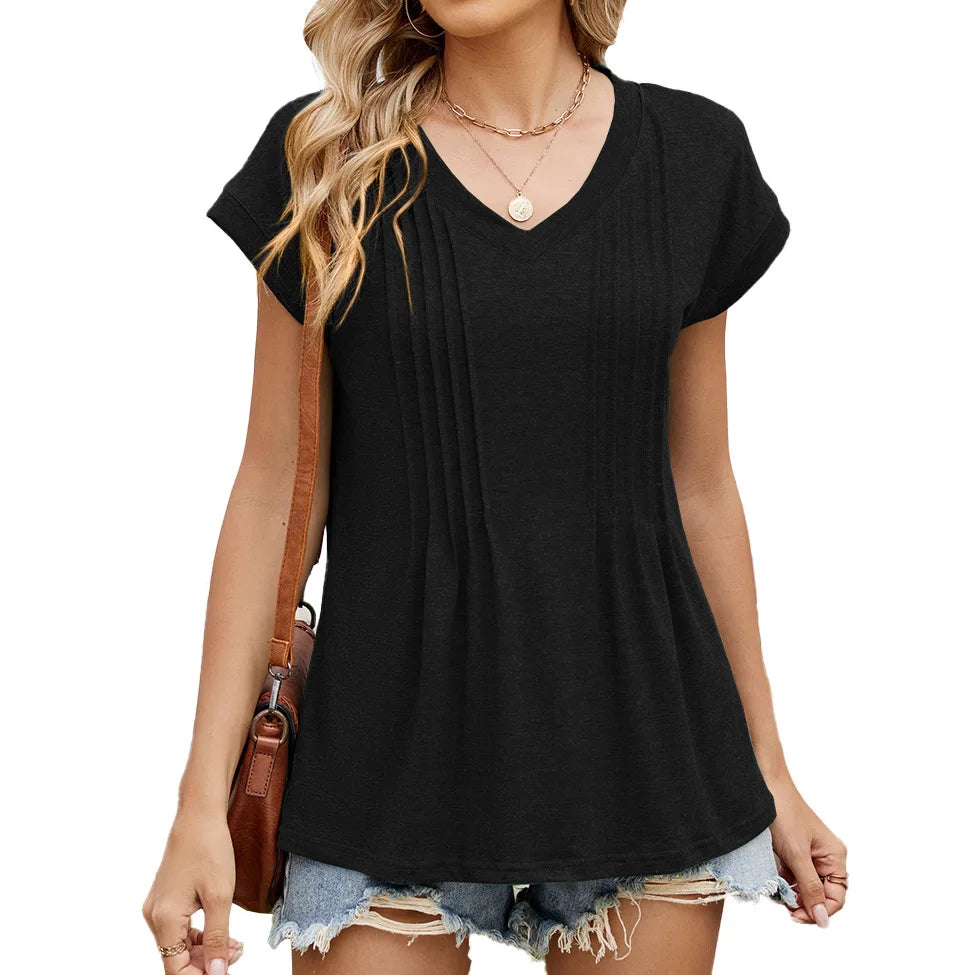2025 Summer Casual Blouse Women Fashion Short Sleeve Shirts Women's V Neck Solid Color Pleated Tunic Blouse Loose Plus Size Tops