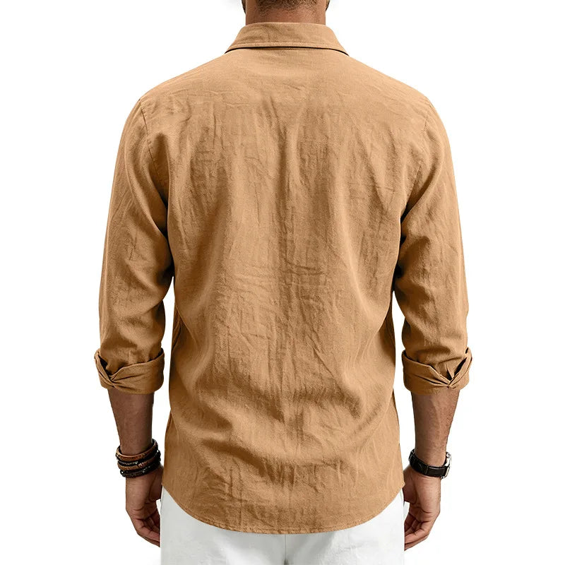 Casual Men's Loose Linen Lapel Pocket Button Casual Vacation Solid Color Long Sleeve Shirt Men's