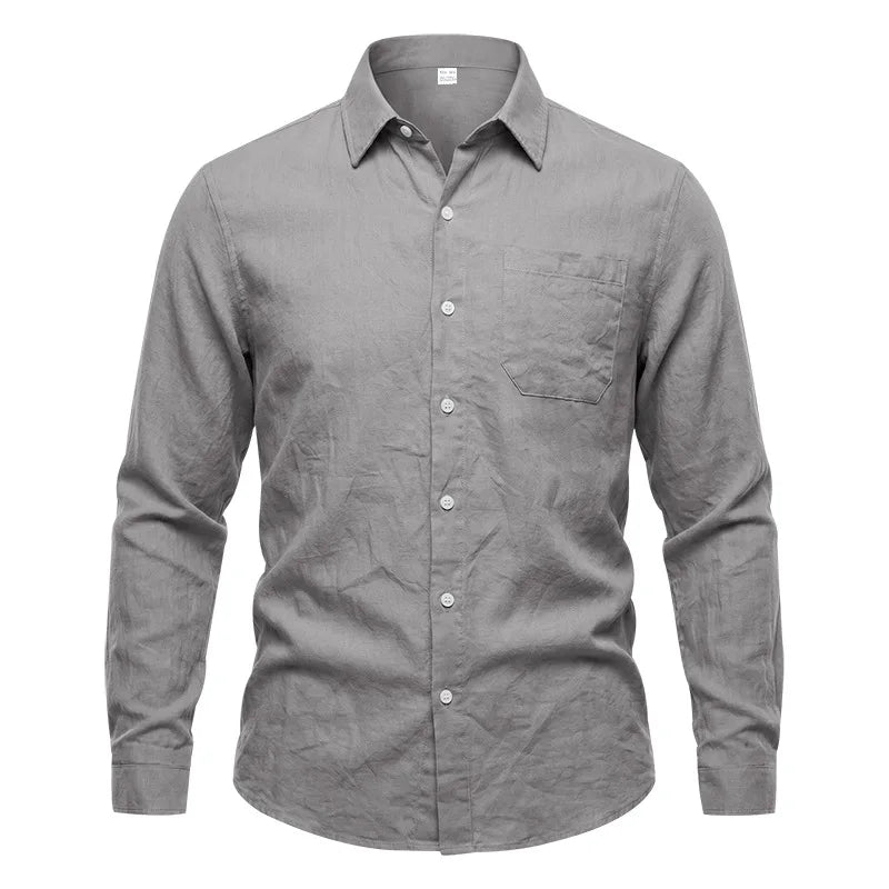 Casual Men's Loose Linen Lapel Pocket Button Casual Vacation Solid Color Long Sleeve Shirt Men's