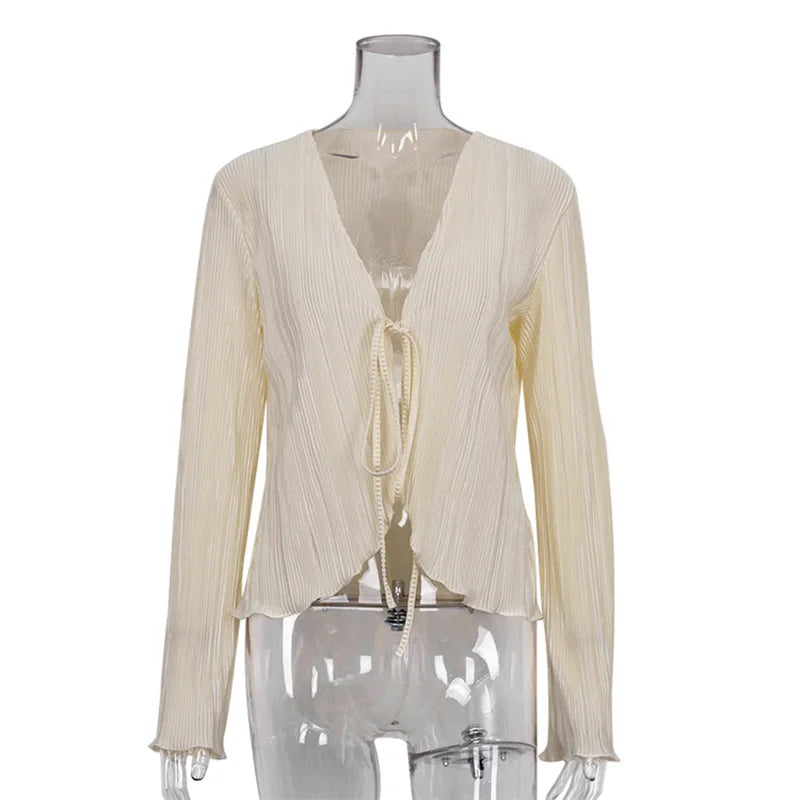 2025 Women Pleated Plain Shirts Spring Fall Chic Long Flare Sleeve V- Neck Tie Up Cardigans Tops for Casual Party Street