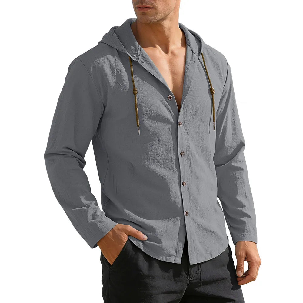 Men's Casual Shirt Long Sleeve Solid Color Cotton Linen Lightweight Breatahble Fashion Hooded Vacation Loose Fit Button Tops